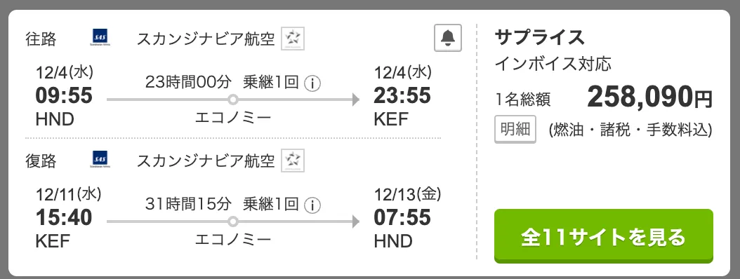 トラベルコによる日本からコペンハーゲンを乗り継いでアイスランドへ行く方法の航空券（冬の季節）