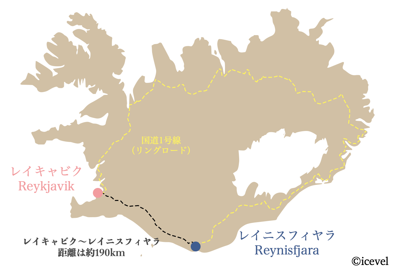 レイキャビクからレイニスフィヤラへの距離を地図にしたイラスト